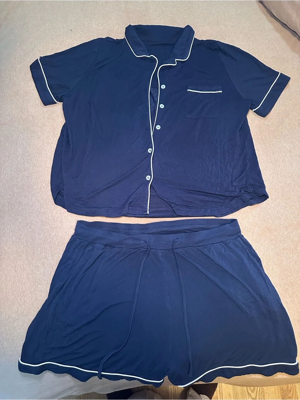 Navy Short Sleeve Pajama Set with White Piping